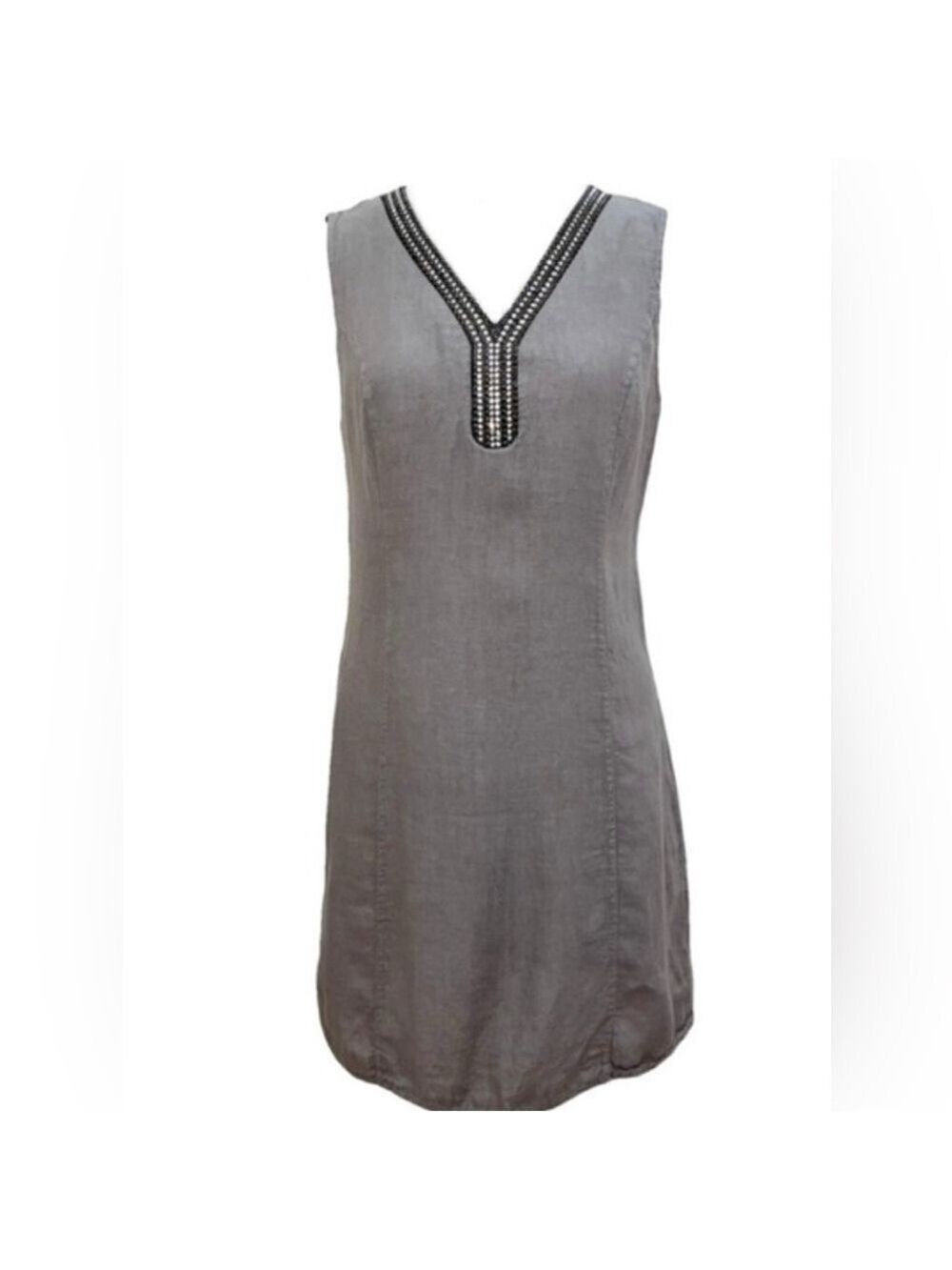Lina Tomei Gray Linen Dress Beaded Neckline Made in Italy Size Medium